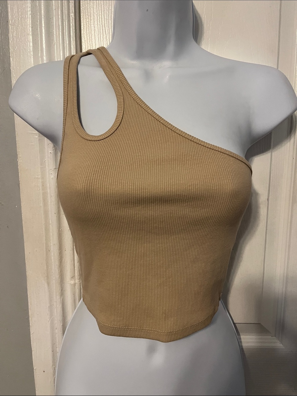 Zara Asymmetric One-Shoulder Ribbed Crop Top - Beige